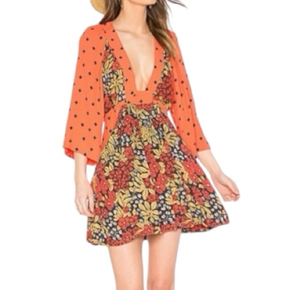 Free People Tallula Coral Floral Mixed Print Boho Mini Dress Size XS - Picture 7 of 7